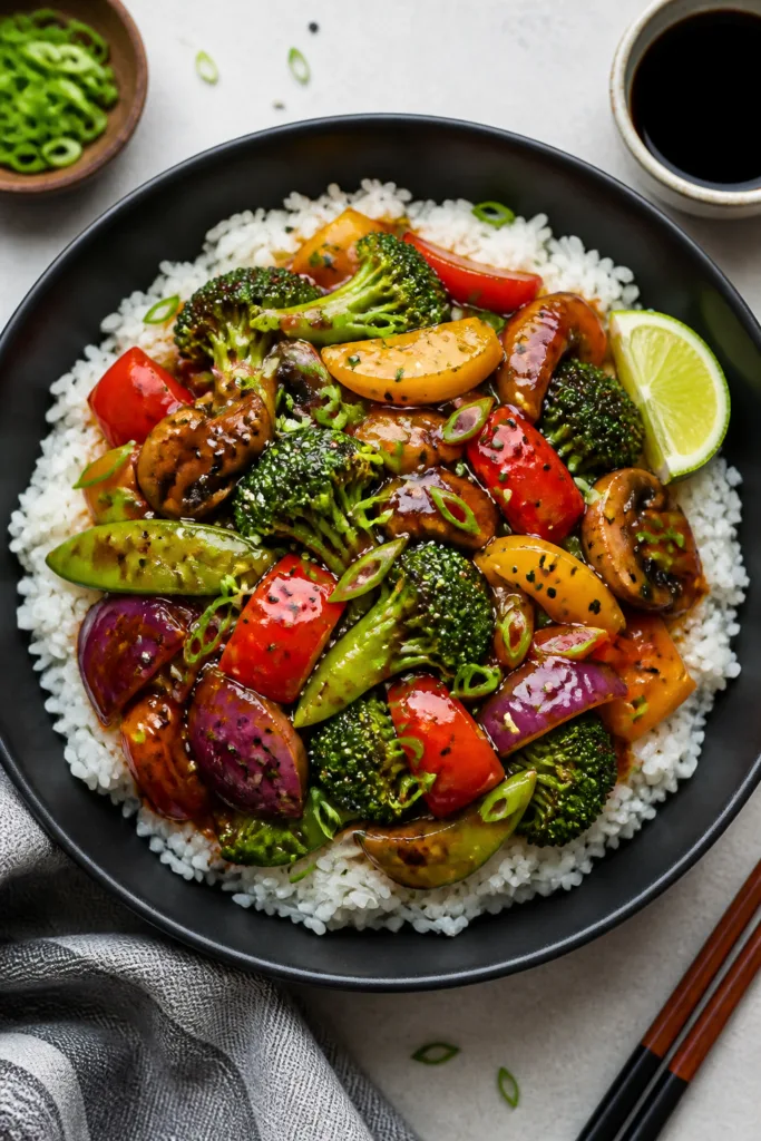 Final dish, tasty top view: Overhead shot of Teriyaki Glazed Vegetables served over fluffy white ric