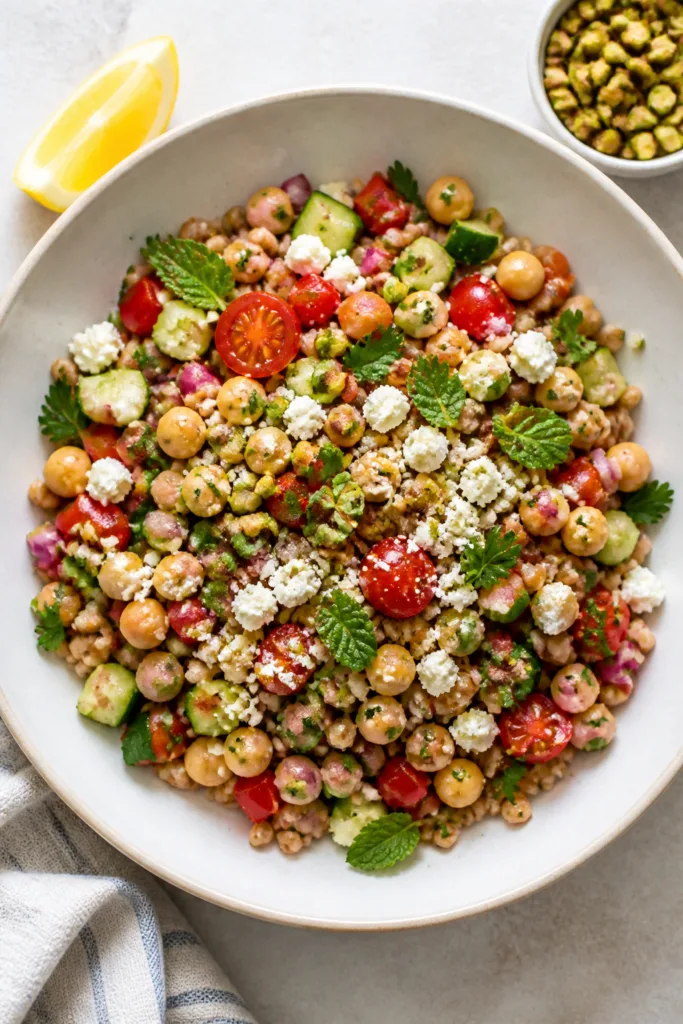 Final dish, tasty top view: Overhead shot of the finished Vegetarian Farro Salad plated in a wide, s