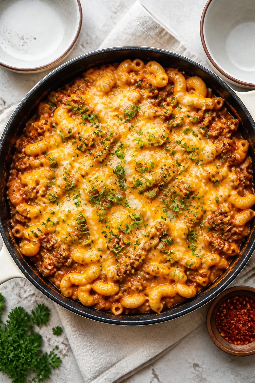 Final dish, tasty top view: Overhead shot of the finished Quick Beef and Macaroni Skillet served fam