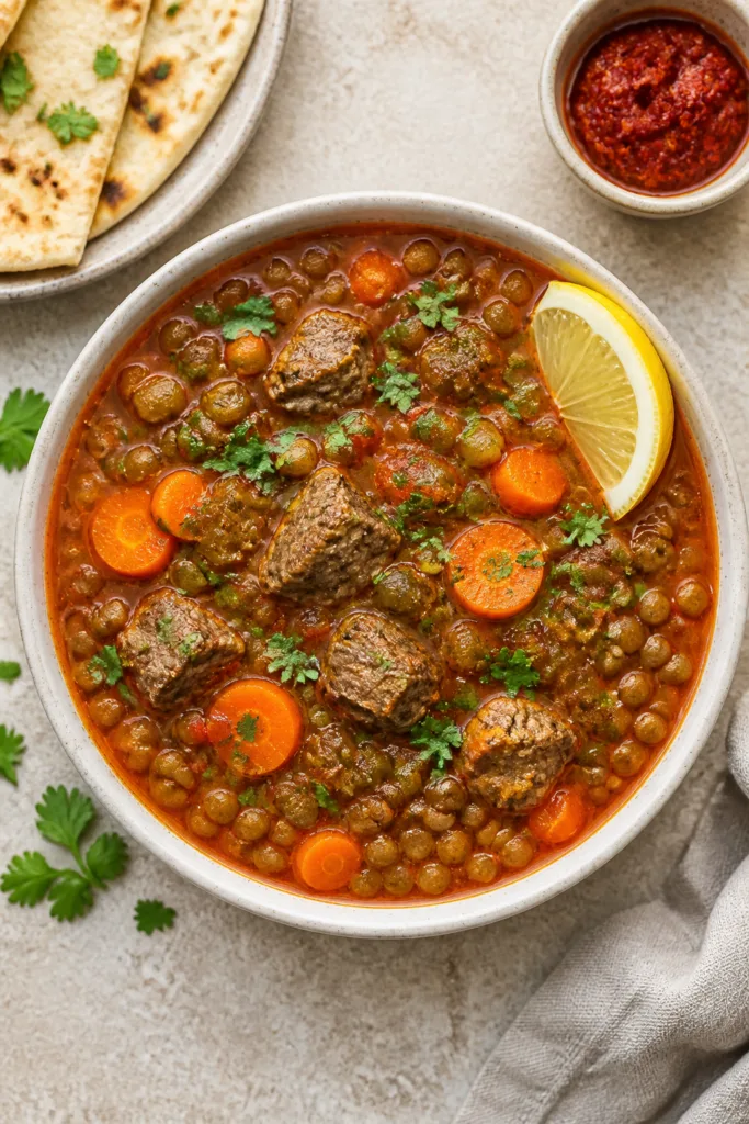 Final dish top view: Overhead shot of a generously filled bowl of Moroccan lamb and lentil soup—de