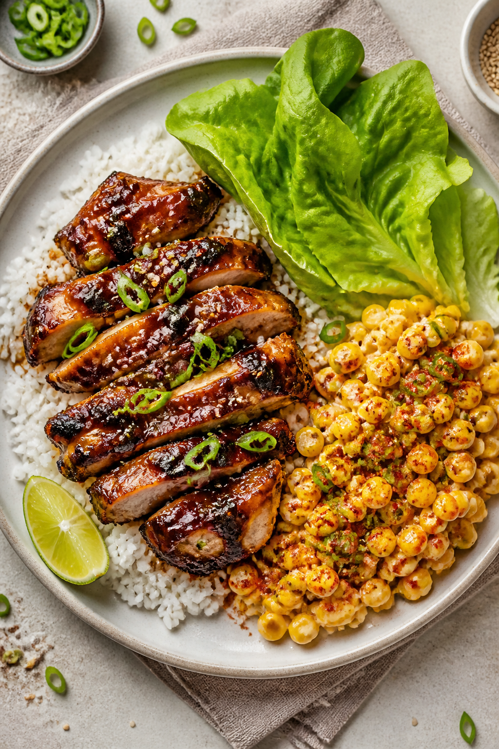 Final dish/top view: Overhead shot of a plated weeknight spread—glossy bulgogi BBQ chicken piled o