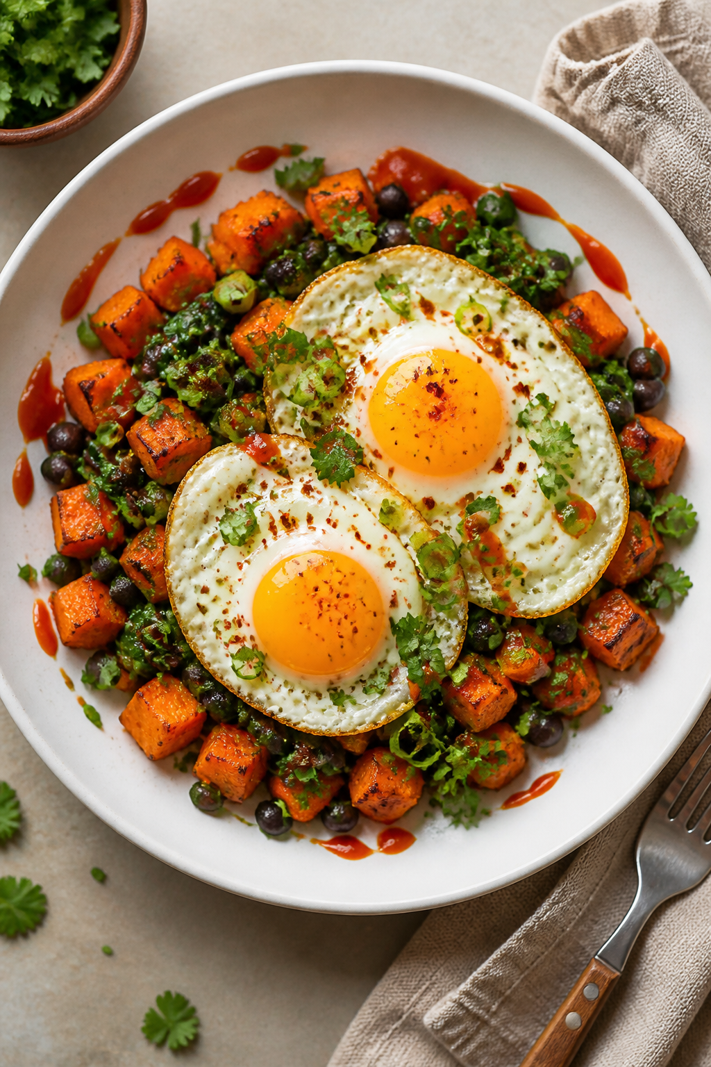Final dish, top view: Overhead shot of a vibrant vegetarian sweet potato hash plated in a wide, matt