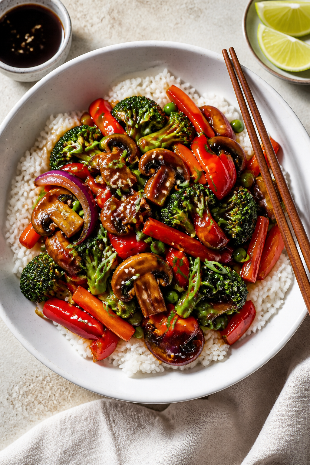 Final dish, top view: Overhead shot of Teriyaki Glazed Vegetables served over steamed jasmine rice i