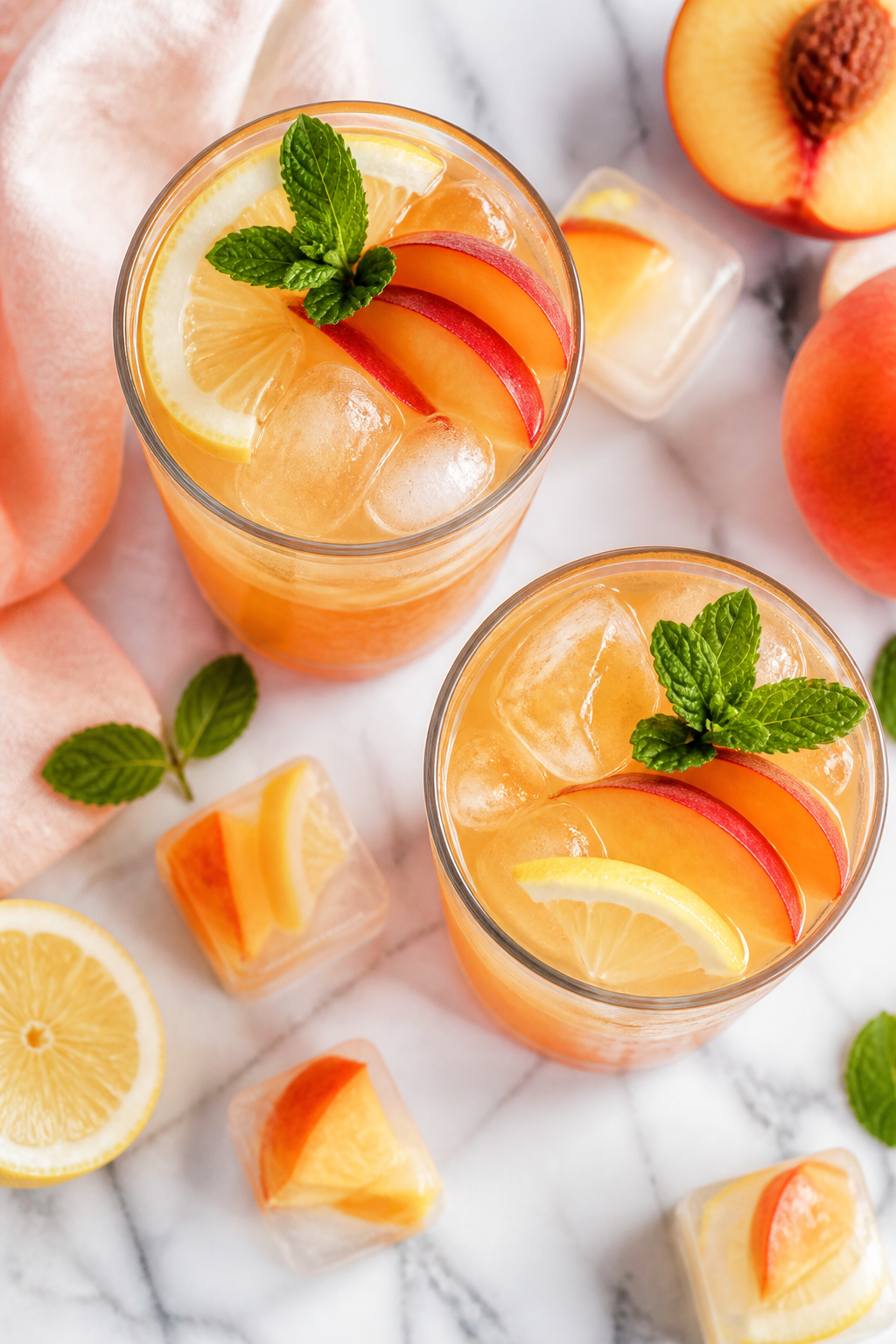 Final drink top-down: Overhead shot of two highball glasses packed with ice, filled with vibrant pea
