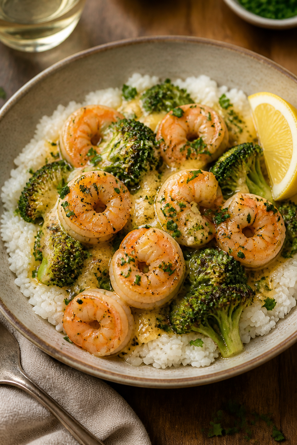 Final plated dish: Beautifully plated Baked Shrimp and Broccoli with Garlic Lemon Butter Sauce over 