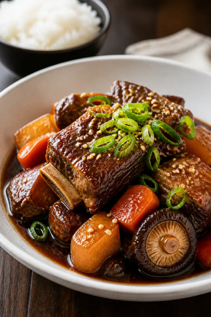 Final plated dish — close-up detail: Tight, shallow-depth shot of a serving of galbi jjim plated i
