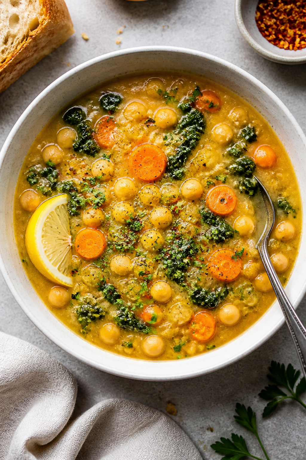 Final plated hero shot: A hearty bowl of vegan chickpea soup, top-down overhead view, thickened text