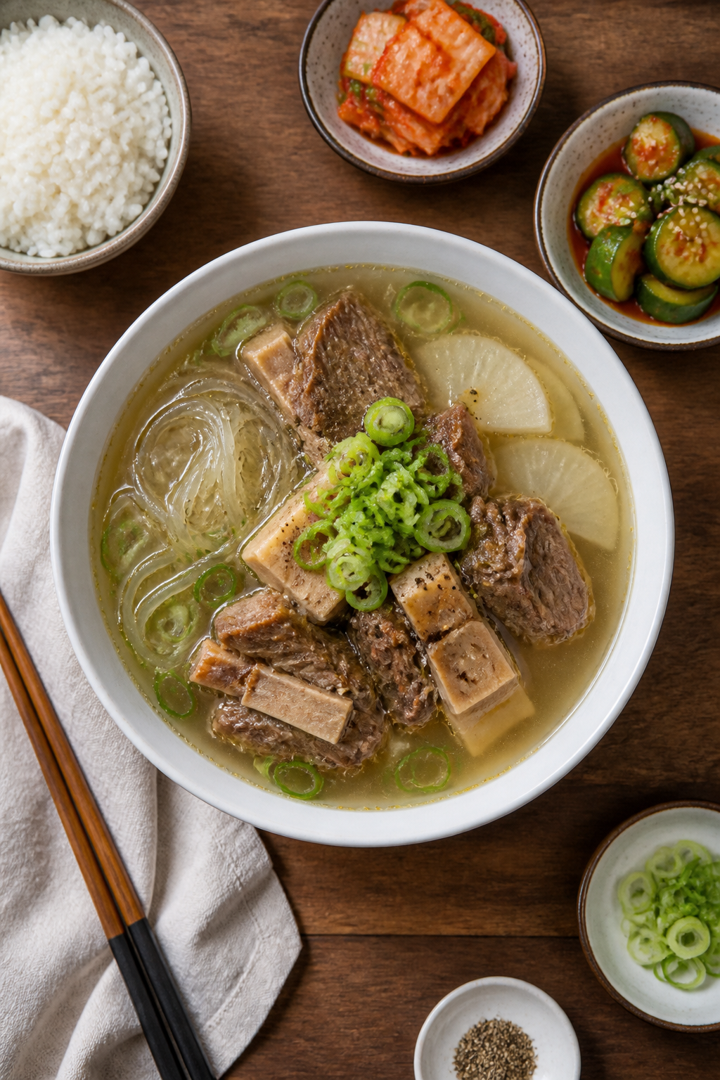 Final plated overhead: Beautifully plated Korean galbitang in a wide white bowl—clear, light-golde