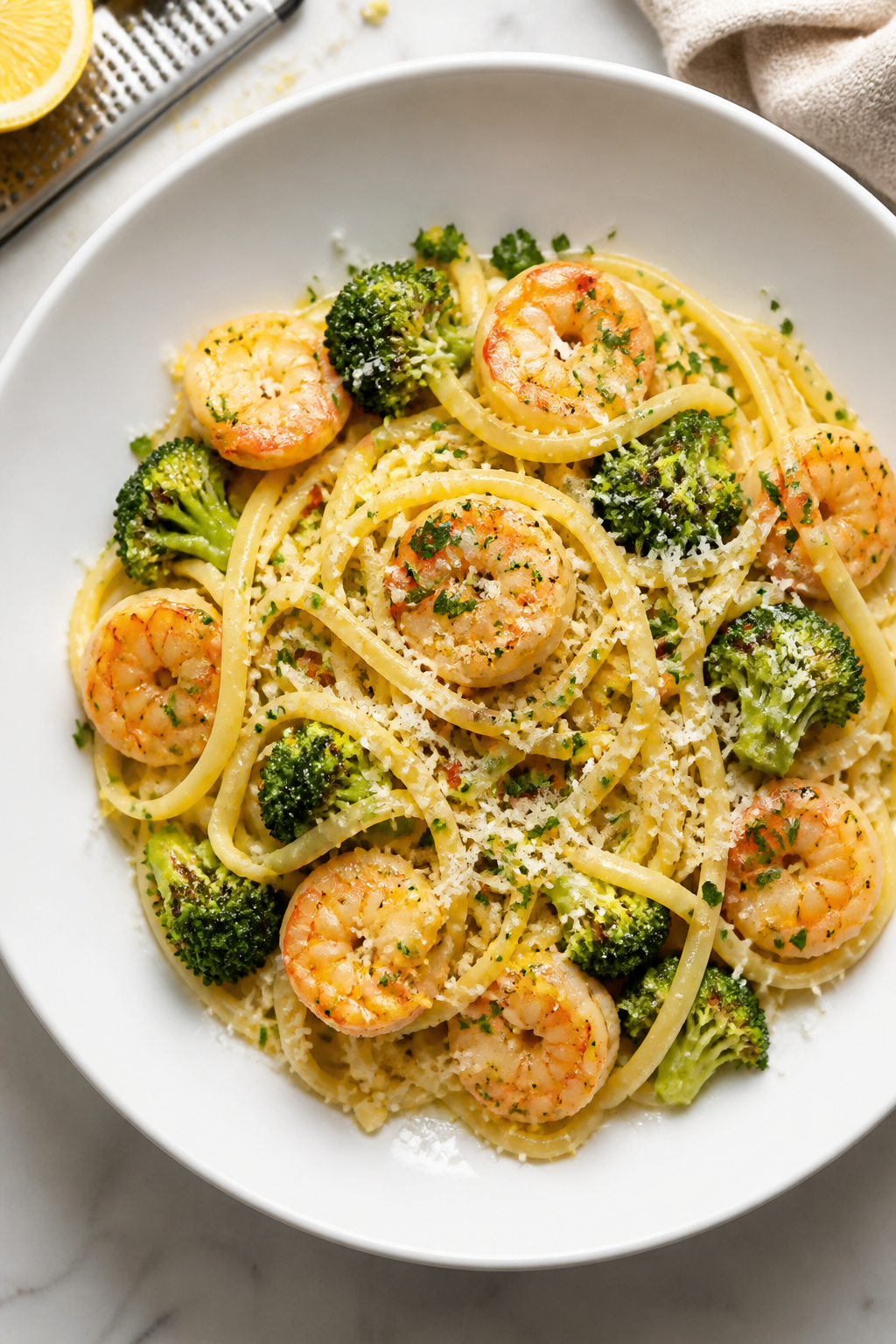 Final plated overhead: Beautifully plated Shrimp and Broccoli Pasta in Garlic Sauce on a wide white