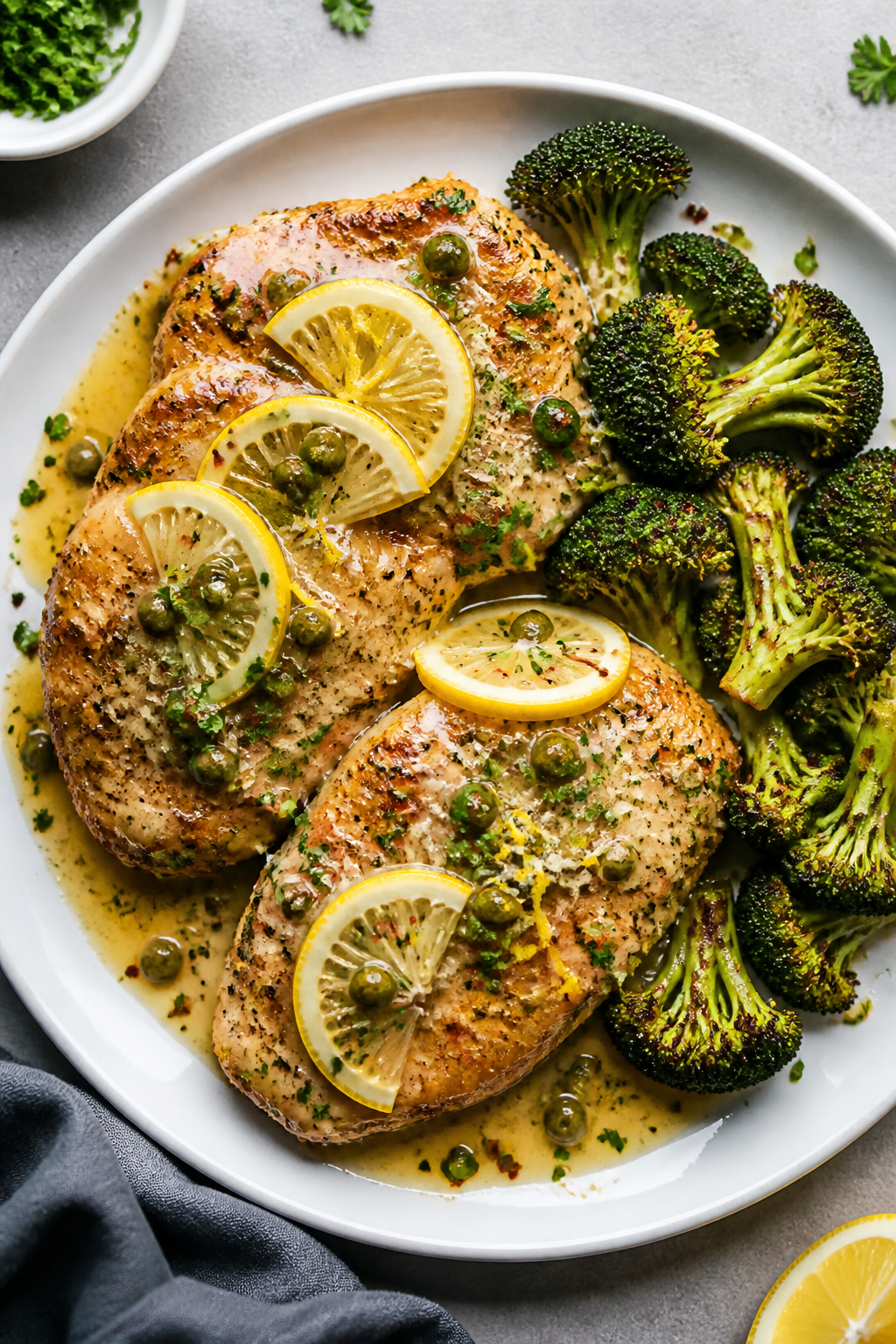 Final plated, overhead beauty: Tasty top-view of Lemon Garlic Butter Chicken arranged on a matte whi