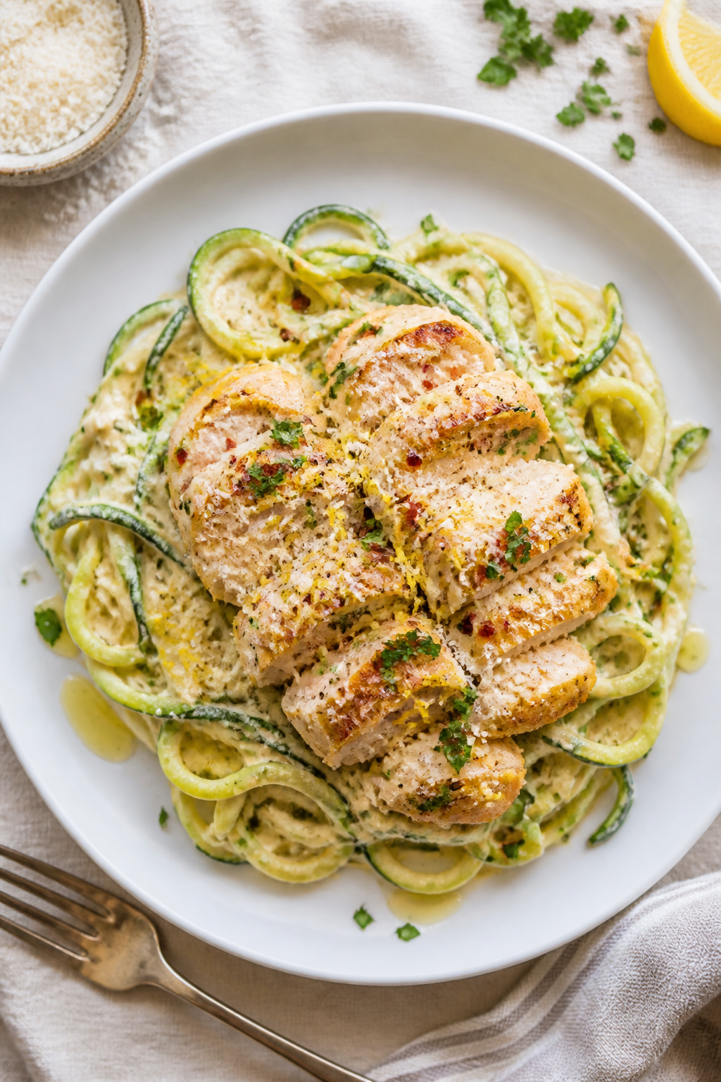 Final plated overhead: Chicken Alfredo with zoodles twirled into a loose nest on a wide white cerami