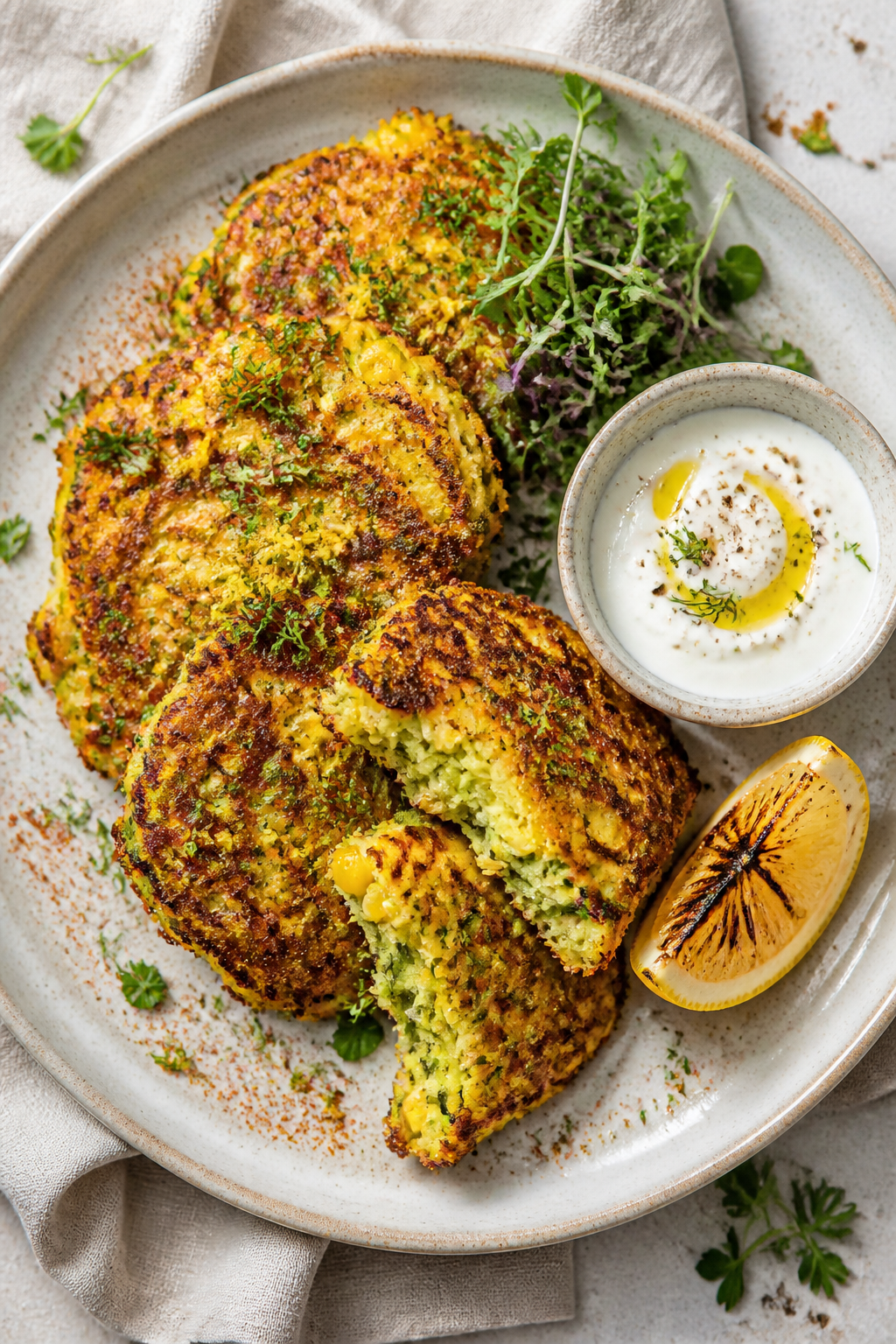 Final plated overhead: Crispy vegan zucchini and corn fritters stacked and fanned on a matte ceramic