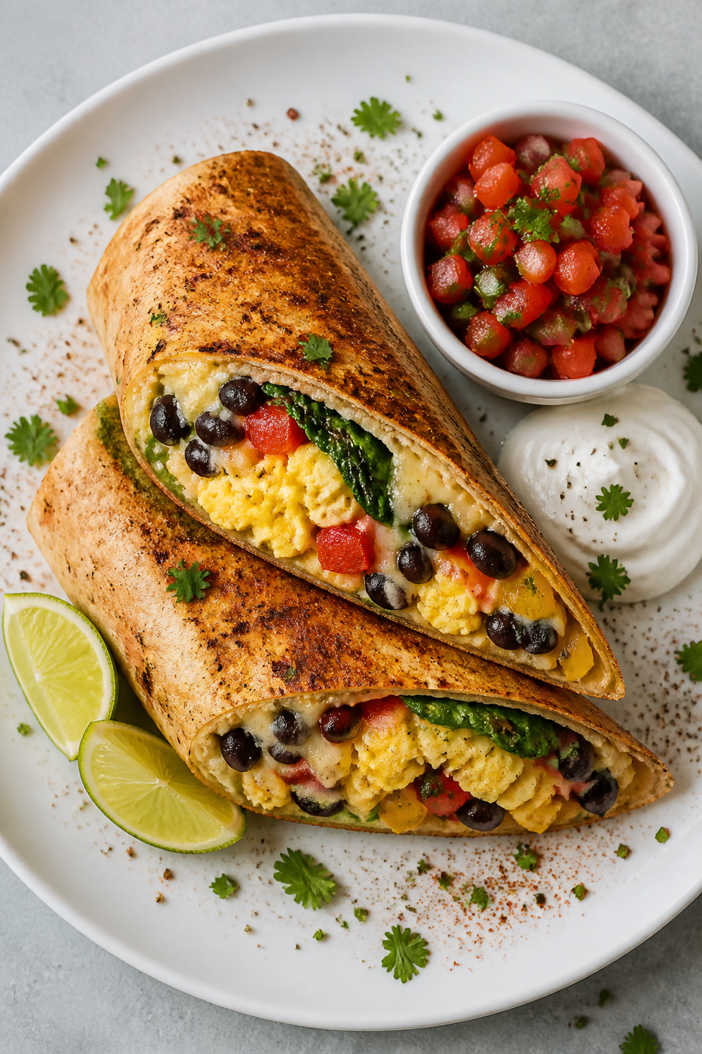 Final plated overhead: Overhead shot of a whole-wheat breakfast burrito seared seam-side for a crisp
