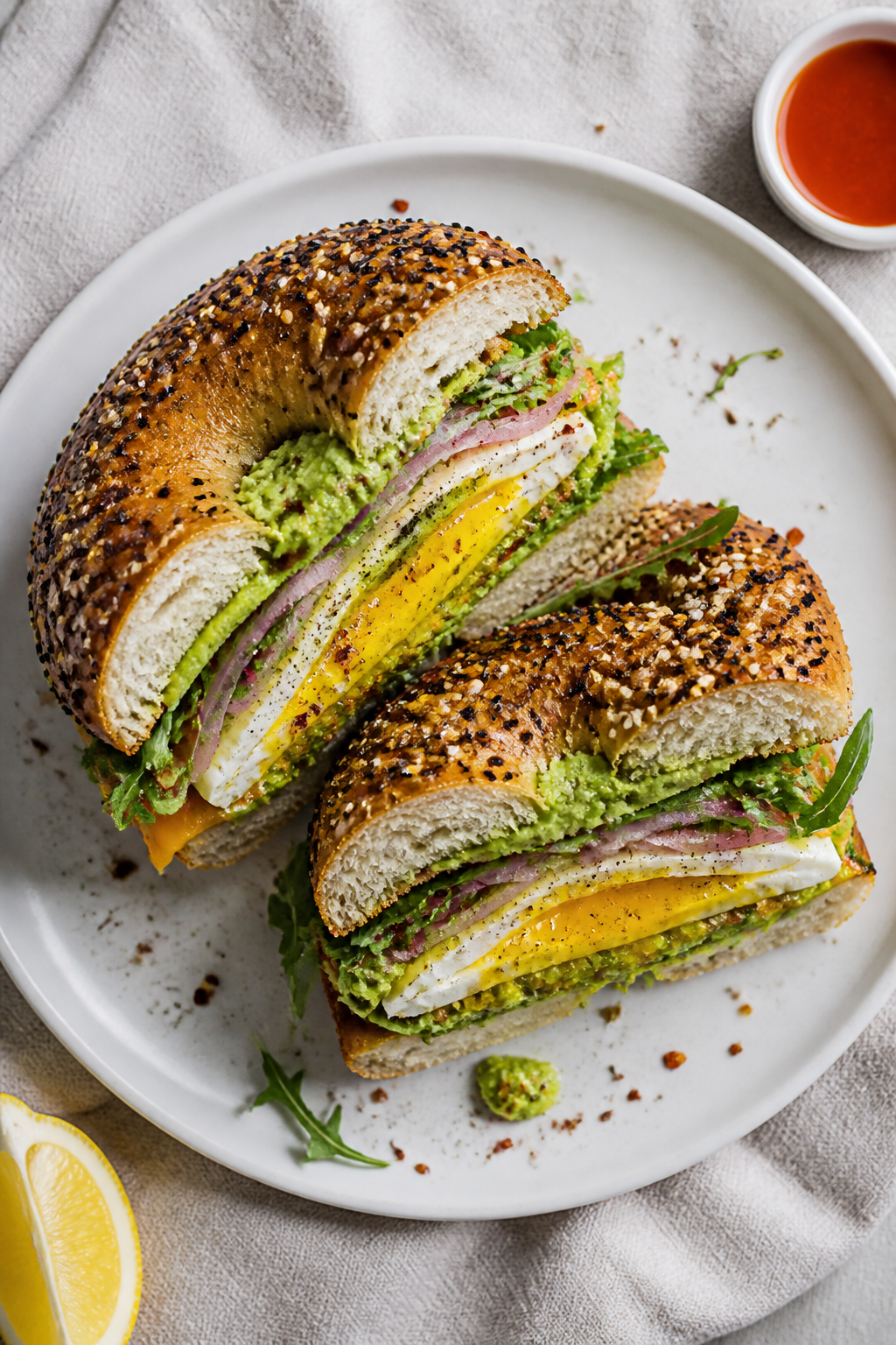 Final plated overhead: Overhead shot of an assembled avocado egg bagel sandwich sliced in half to re
