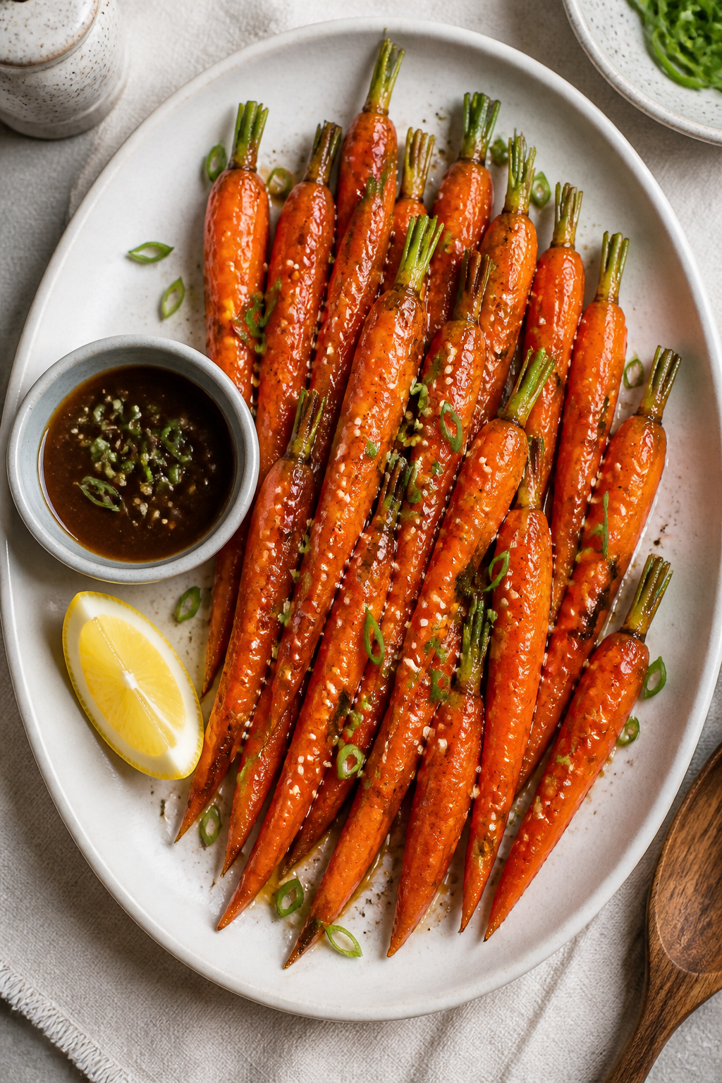Final plated overhead: Restaurant-quality presentation of honey soy sauce glazed carrots arranged ne
