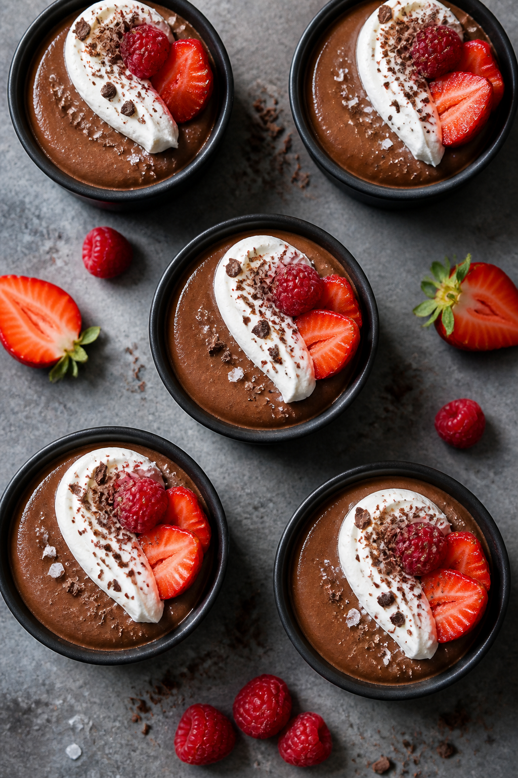 Final plated overhead: Set mousse chilled in small matte black ramekins, surface perfectly smooth an
