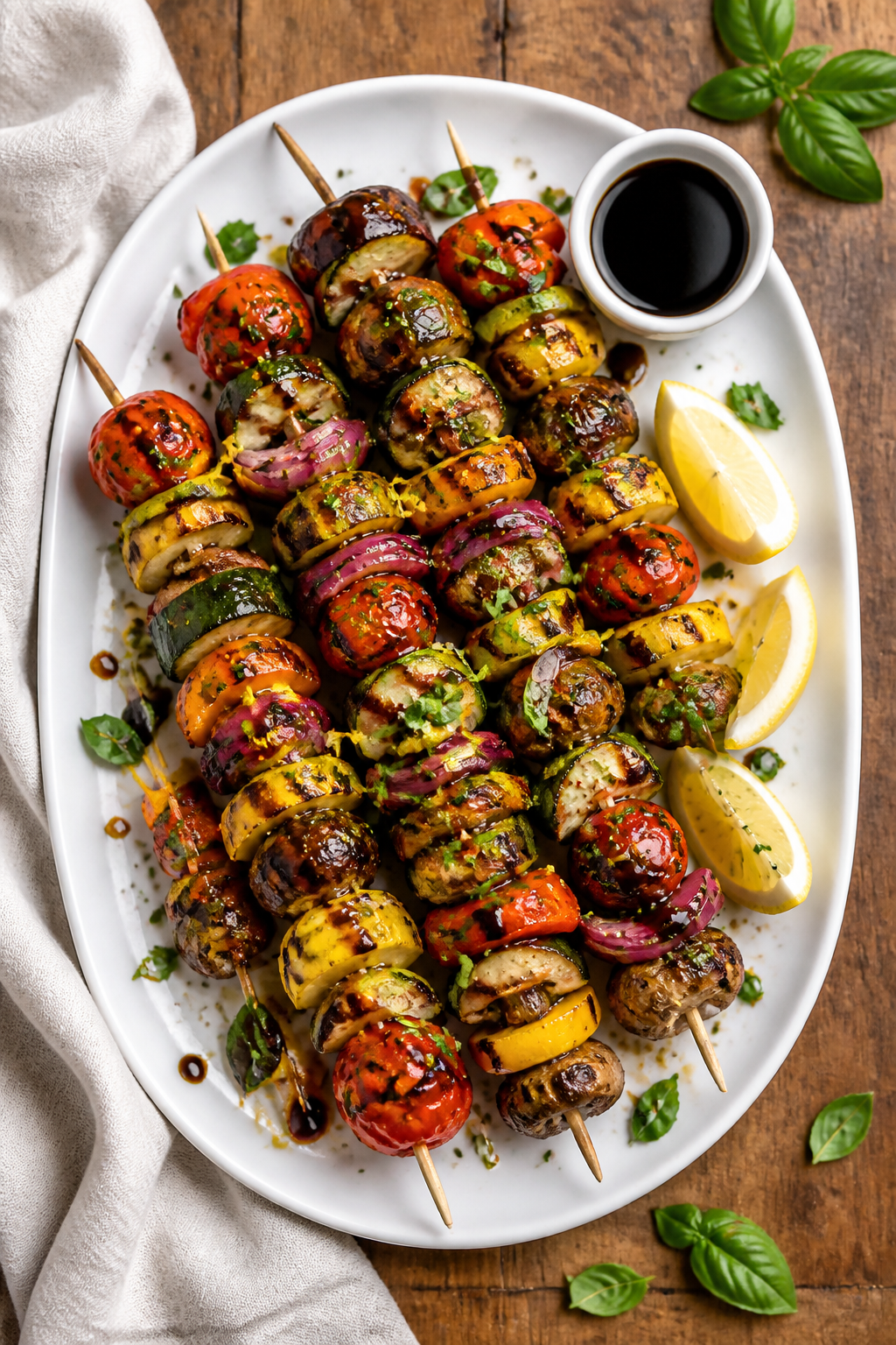 Final plated overhead shot: Beautifully arranged platter of Easy Grilled Veggie Skewers on a matte w