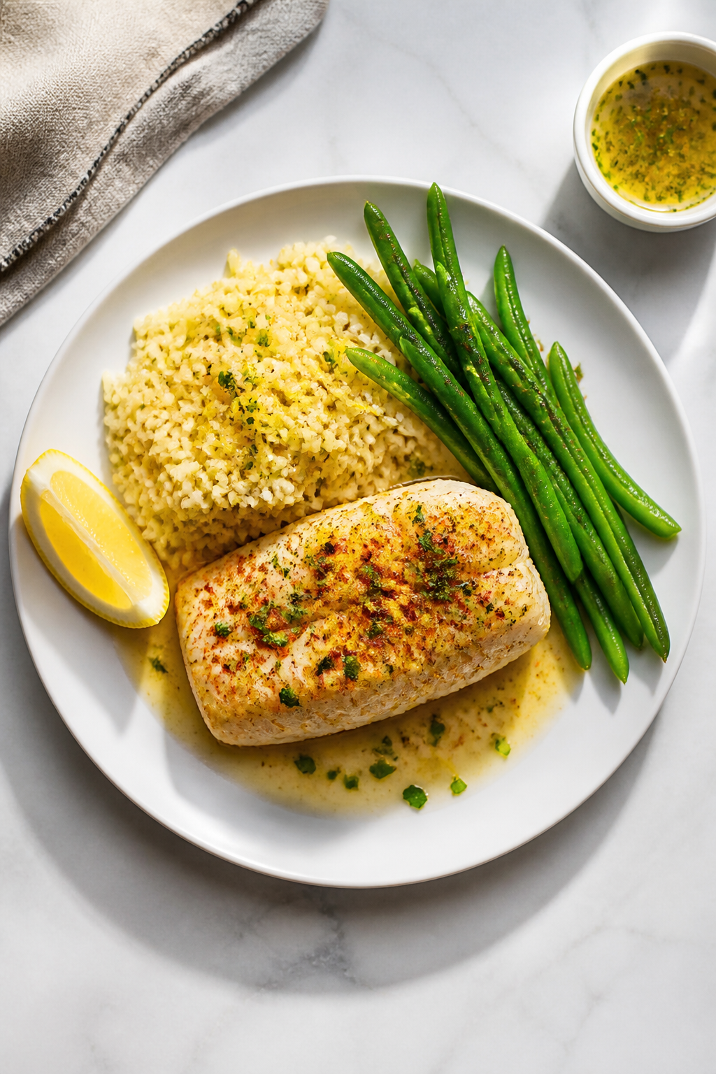 Final plated overhead shot: Beautifully plated oven-baked lemon butter cod on a matte white dinner p
