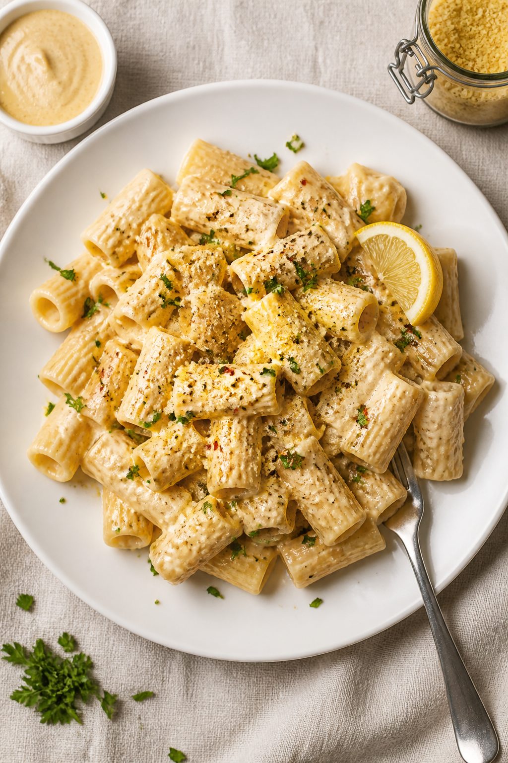 Final plated overhead: Tasty top-down shot of al dente rigatoni tossed in vegan creamy cashew sauce,