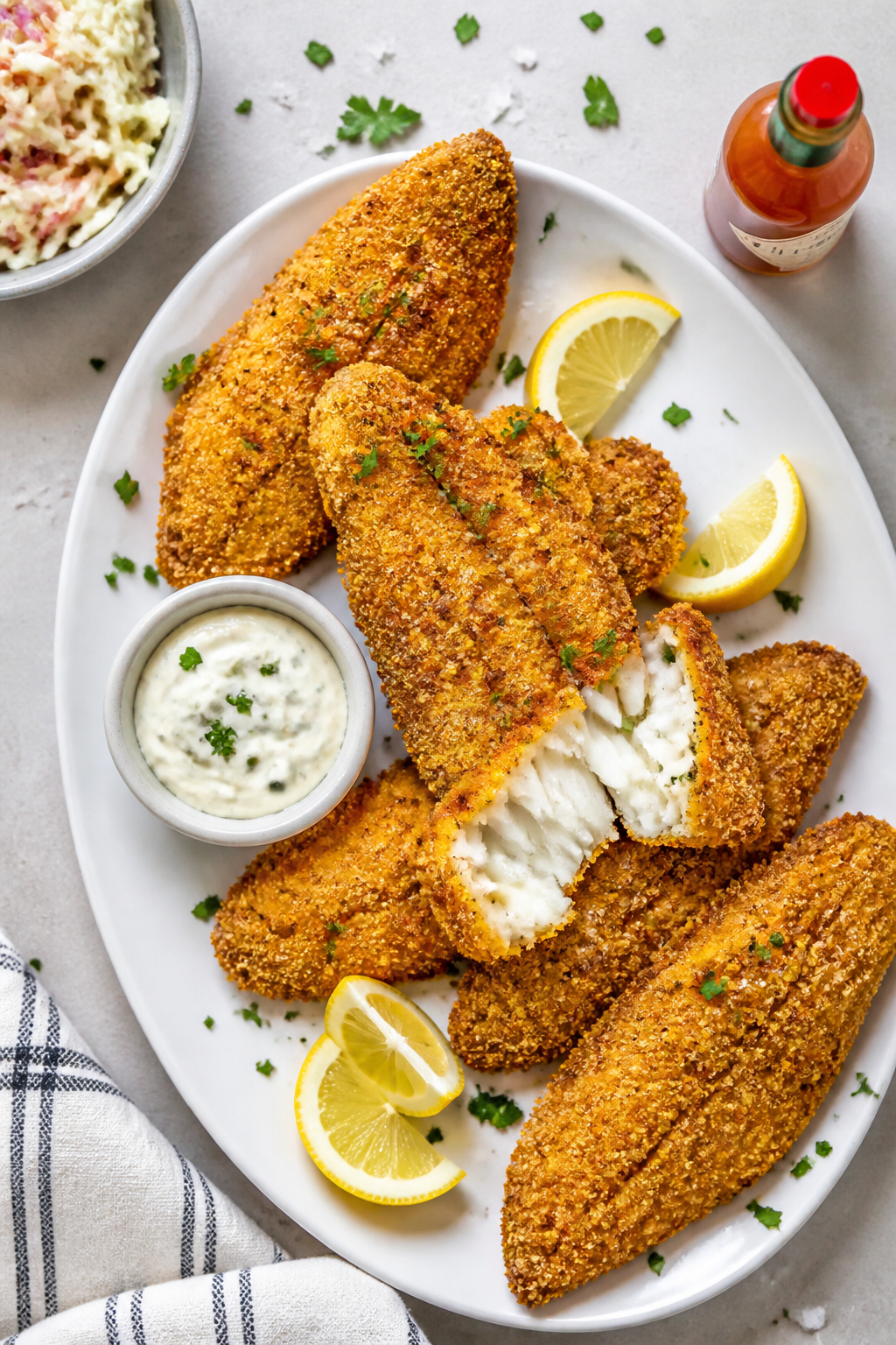 Final plated overhead: Tasty top-down shot of crispy fried catfish fillets arranged on a matte white
