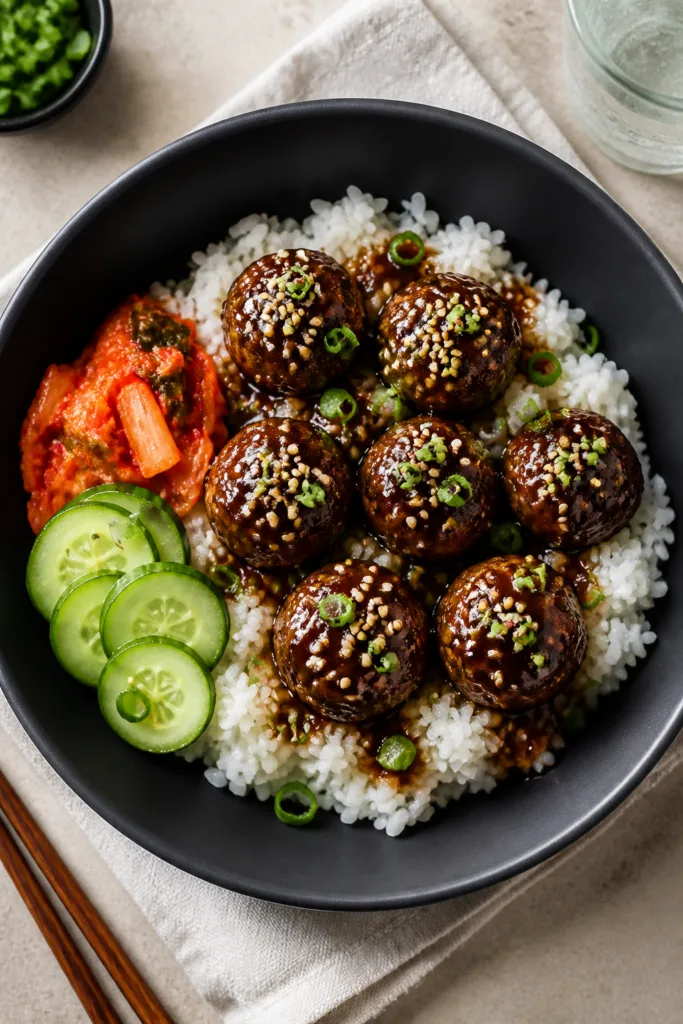Final plated overhead: Tasty top view of bulgogi meatballs served over fluffy white rice in a wide,