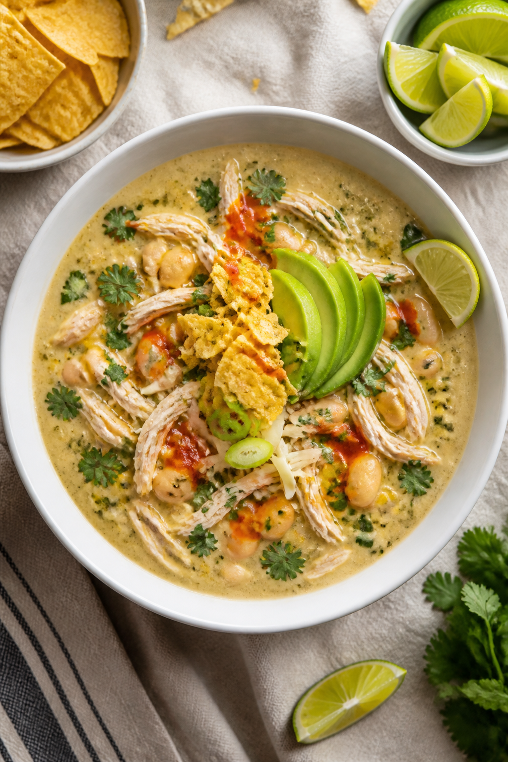Final plated overhead: Top-down shot of a creamy Mexican style white chicken chili in a wide white b