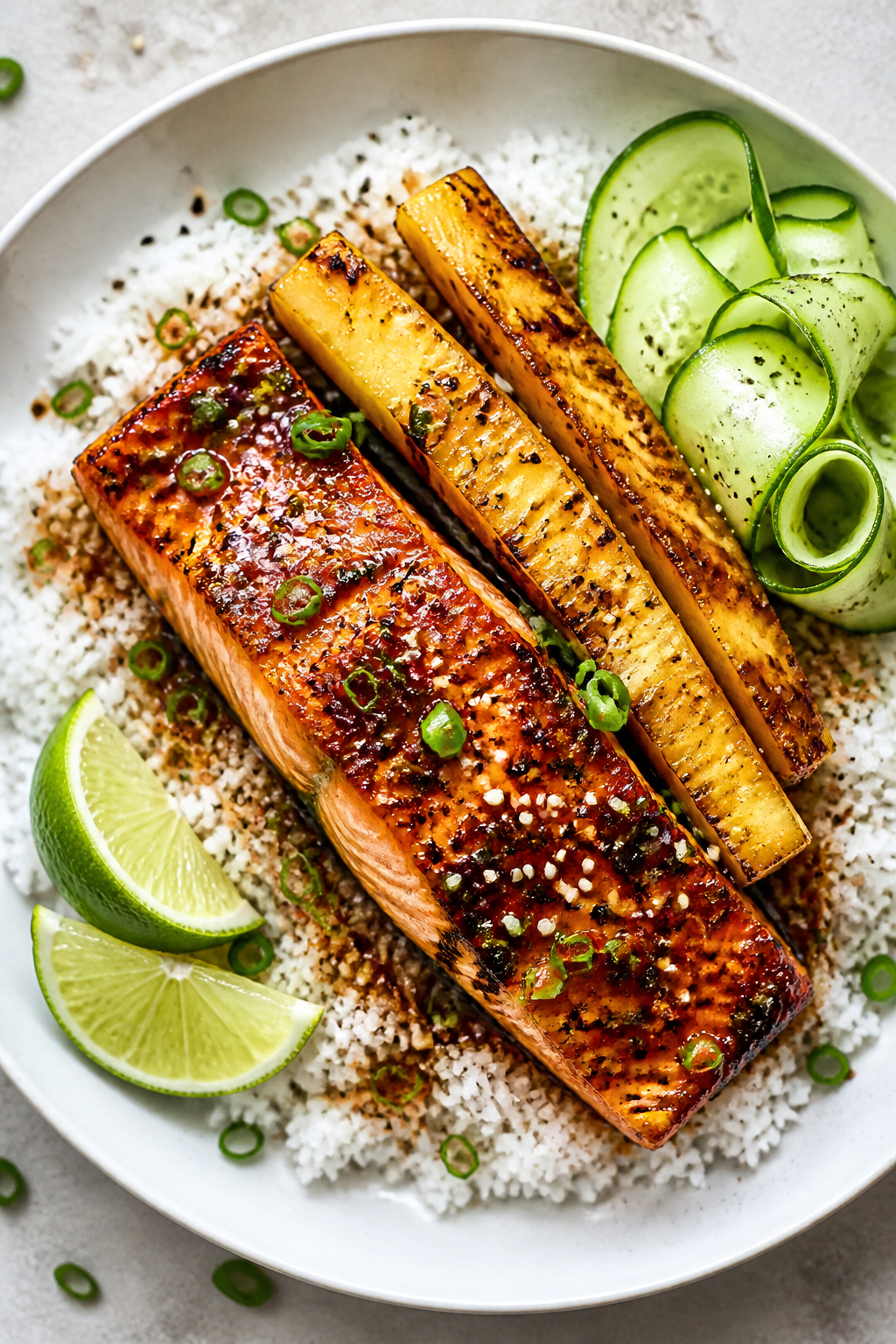 Final plated, tasty top view: Overhead shot of Grilled Pineapple Teriyaki Salmon on a matte white pl
