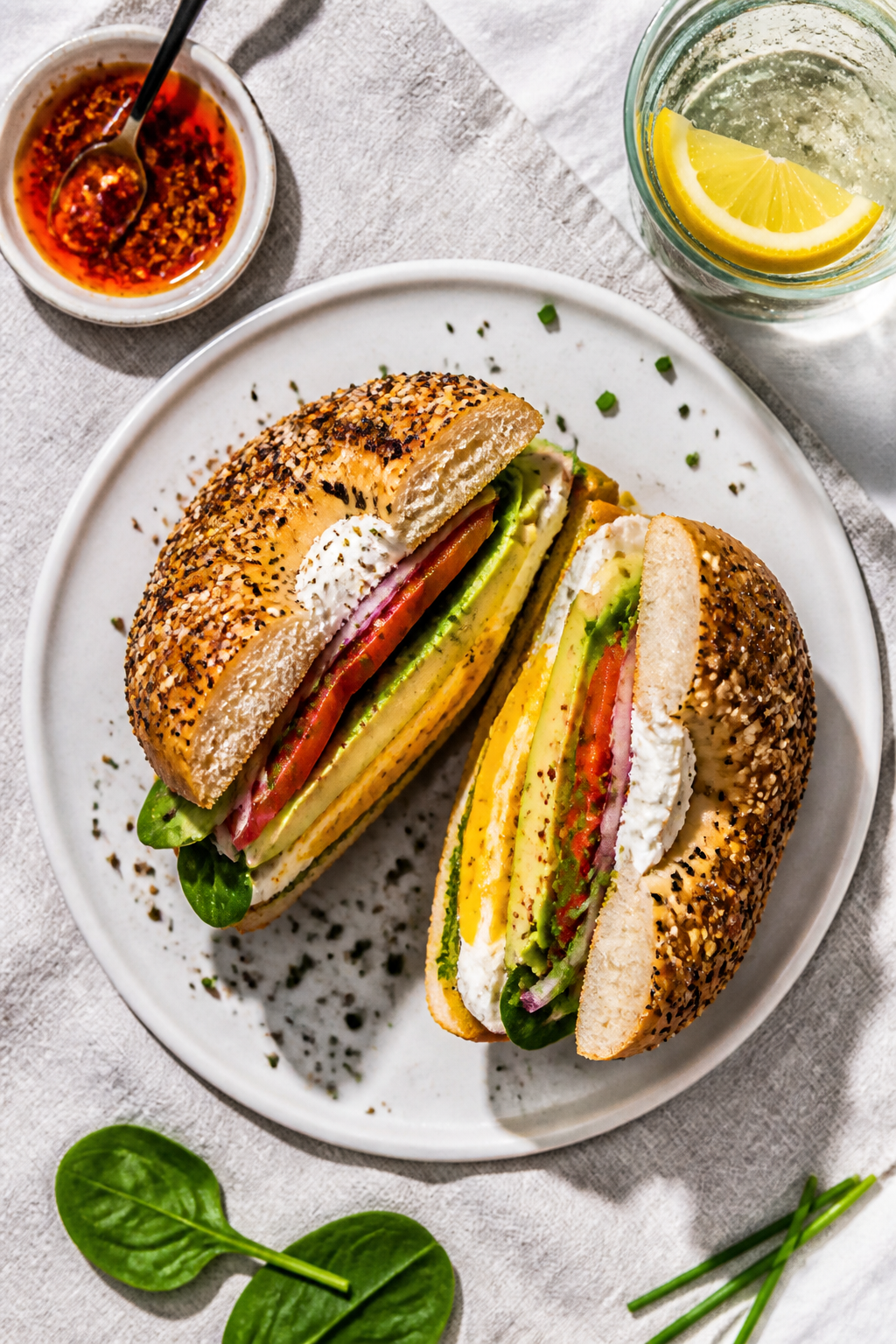 Final plated top-down: Overhead shot of an everything bagel sandwich cut in half and slightly fanned
