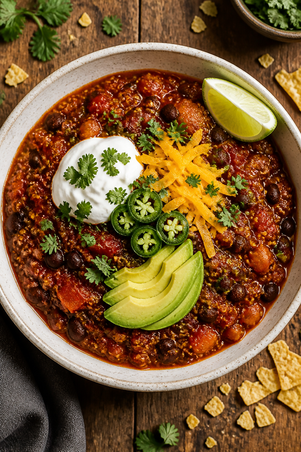 Final plated top view: Bowl of finished vegetarian quinoa chili thick and hearty, garnished with cho