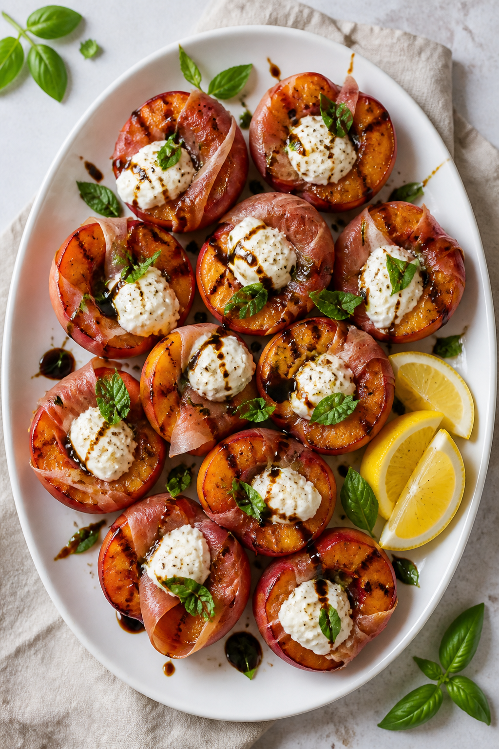 Final platter overhead: Overhead shot of a summer party-ready platter of grilled peach halves wrappe