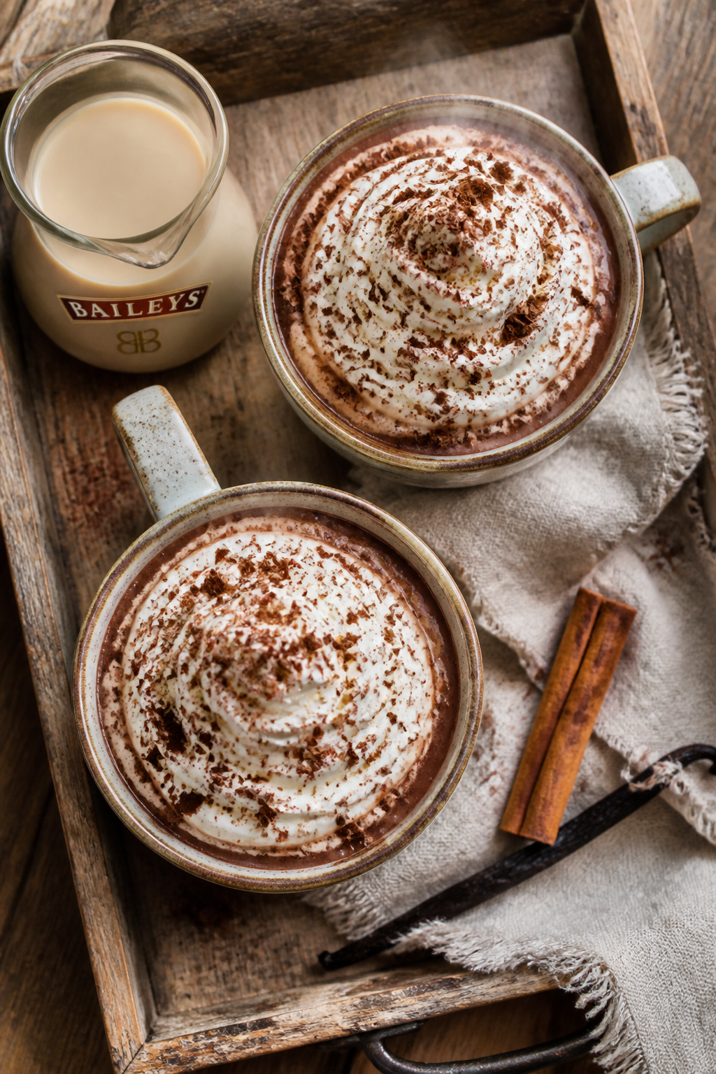 Final presentation overhead: Two cozy ceramic mugs of Baileys Irish Cream hot chocolate on a rustic 