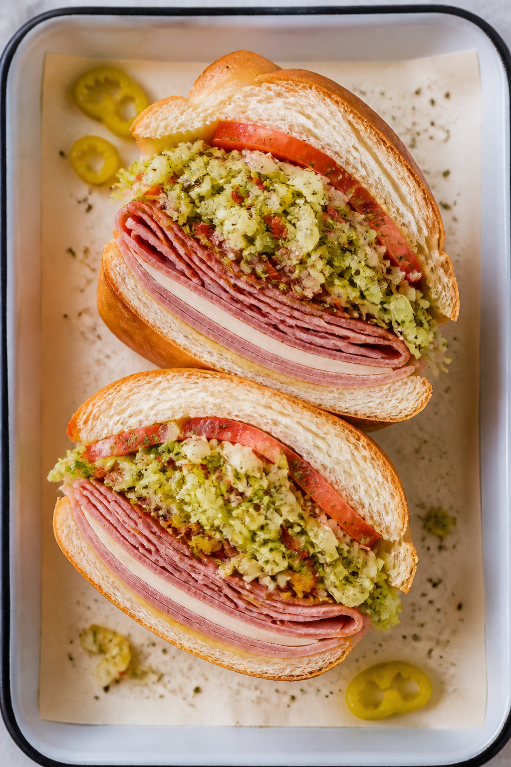 Final sandwich, tasty top view: Overhead shot of a toasted Italian sub roll stuffed with neatly laye
