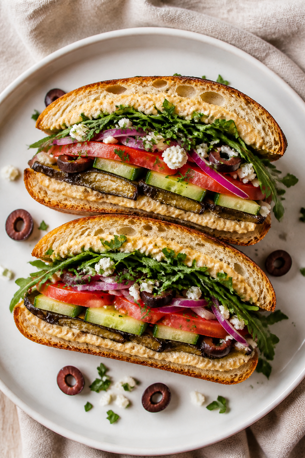 Final sandwich top view: Overhead shot of a halved Mediterranean eggplant sandwich on toasted sourdo