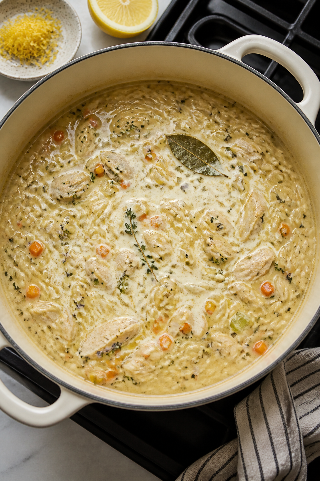 Overhead cooking-process shot of creamy lemon chicken orzo soup at a gentle simmer in a wide, matte 