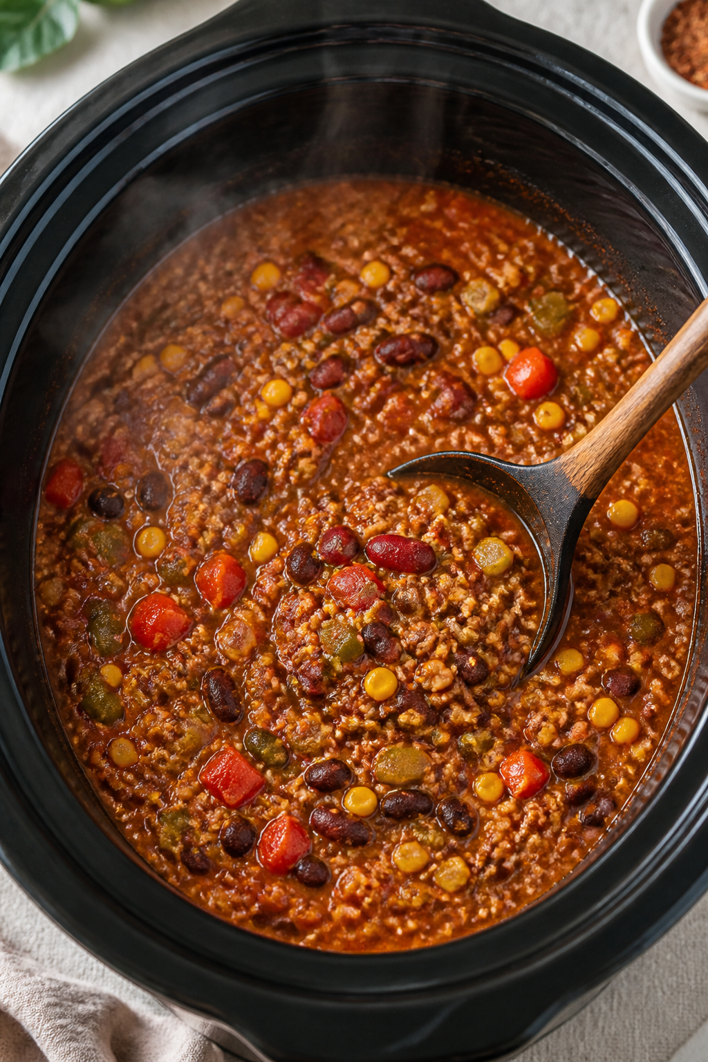 Overhead cooking process shot: Slow cooker filled with simmering vegetarian quinoa chili at mid-cook