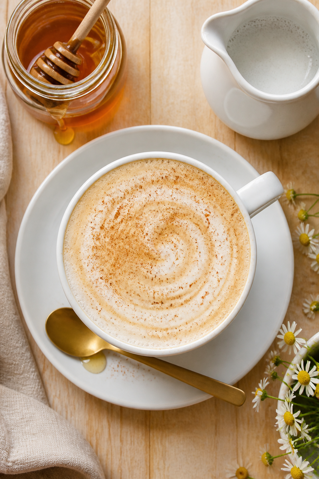 Overhead final presentation of a Honey Vanilla Chamomile Tea Latte: café-style microfoam topped wit