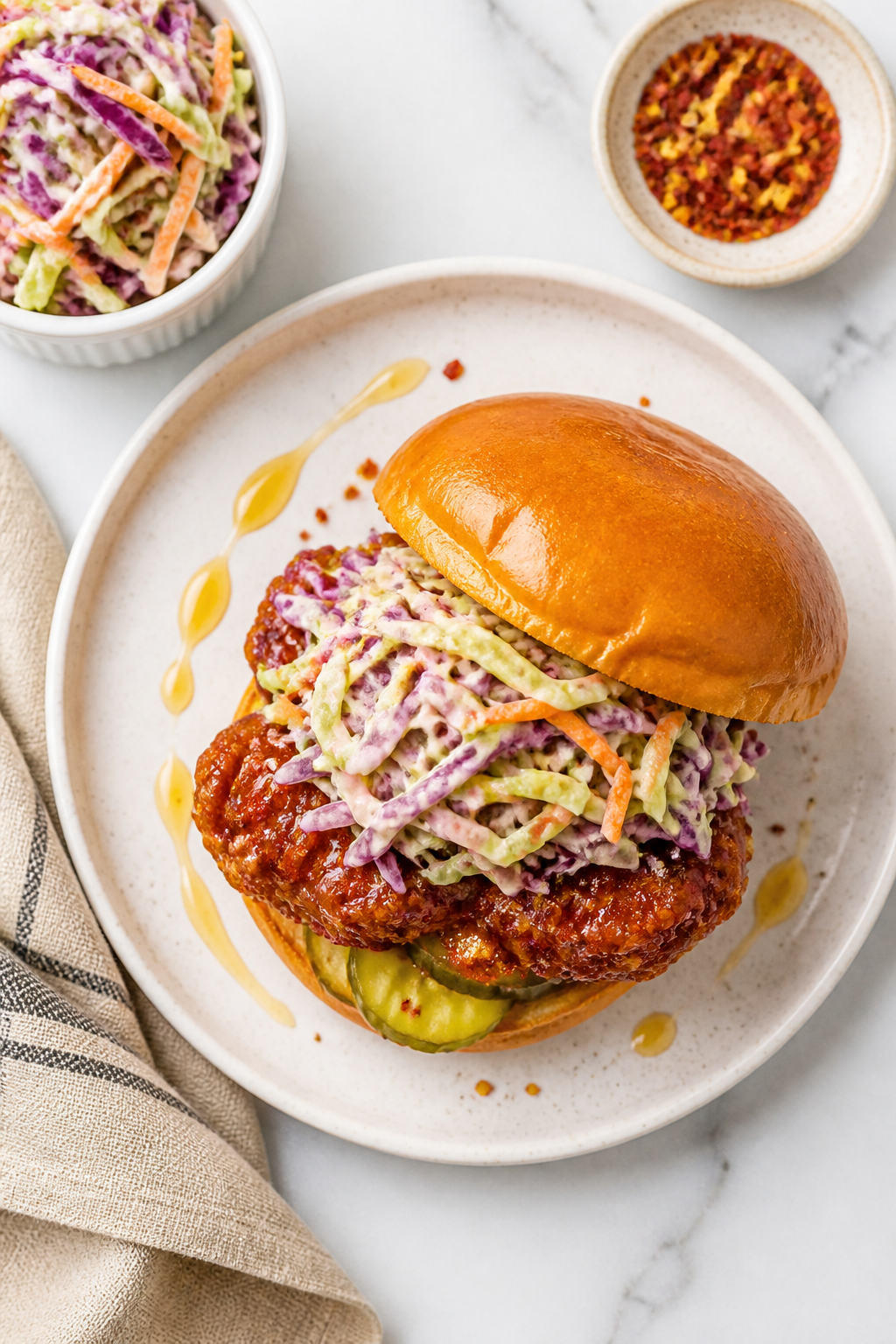 Overhead final presentation of a hot honey chicken sandwich with coleslaw: toasted brioche bun, bott