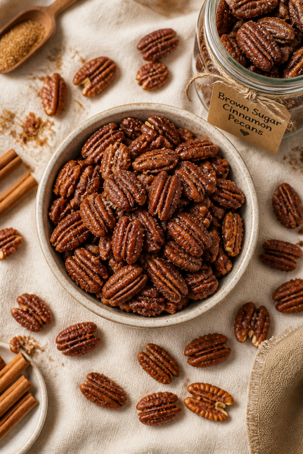 Overhead final presentation of brown sugar cinnamon roasted pecans styled for gifting and snacking: