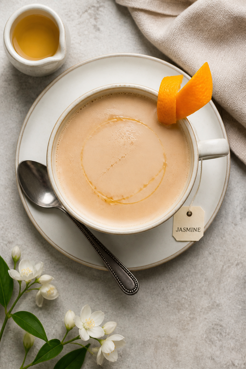 Overhead final presentation of cozy hot jasmine milk tea: creamy, pale beige cup with a gentle sheen