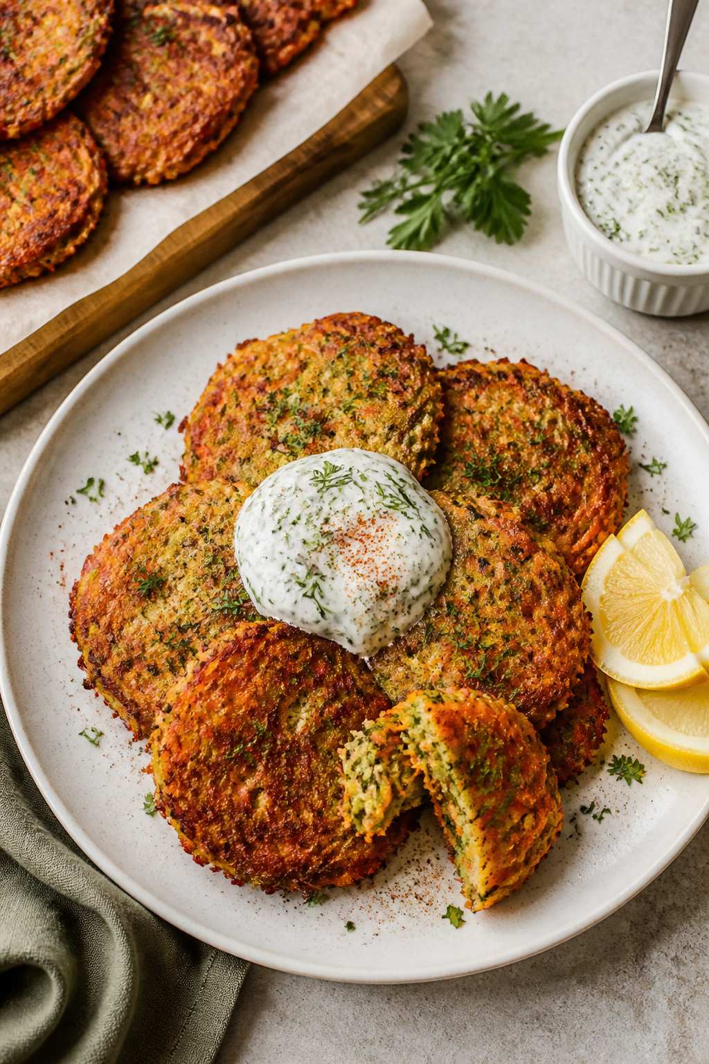 Overhead final presentation of Quick Carrot and Zucchini Fritters arranged in a loose stack on a mat