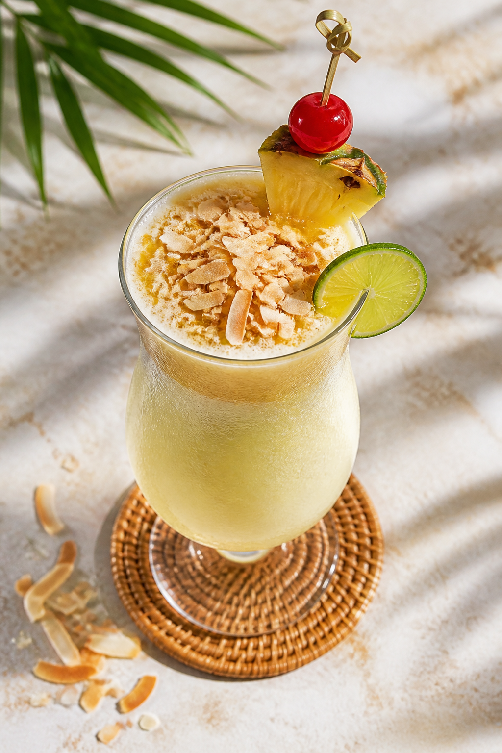 Overhead final presentation of the Coconut Cream Piña Colada in a single chilled hurricane glass, s