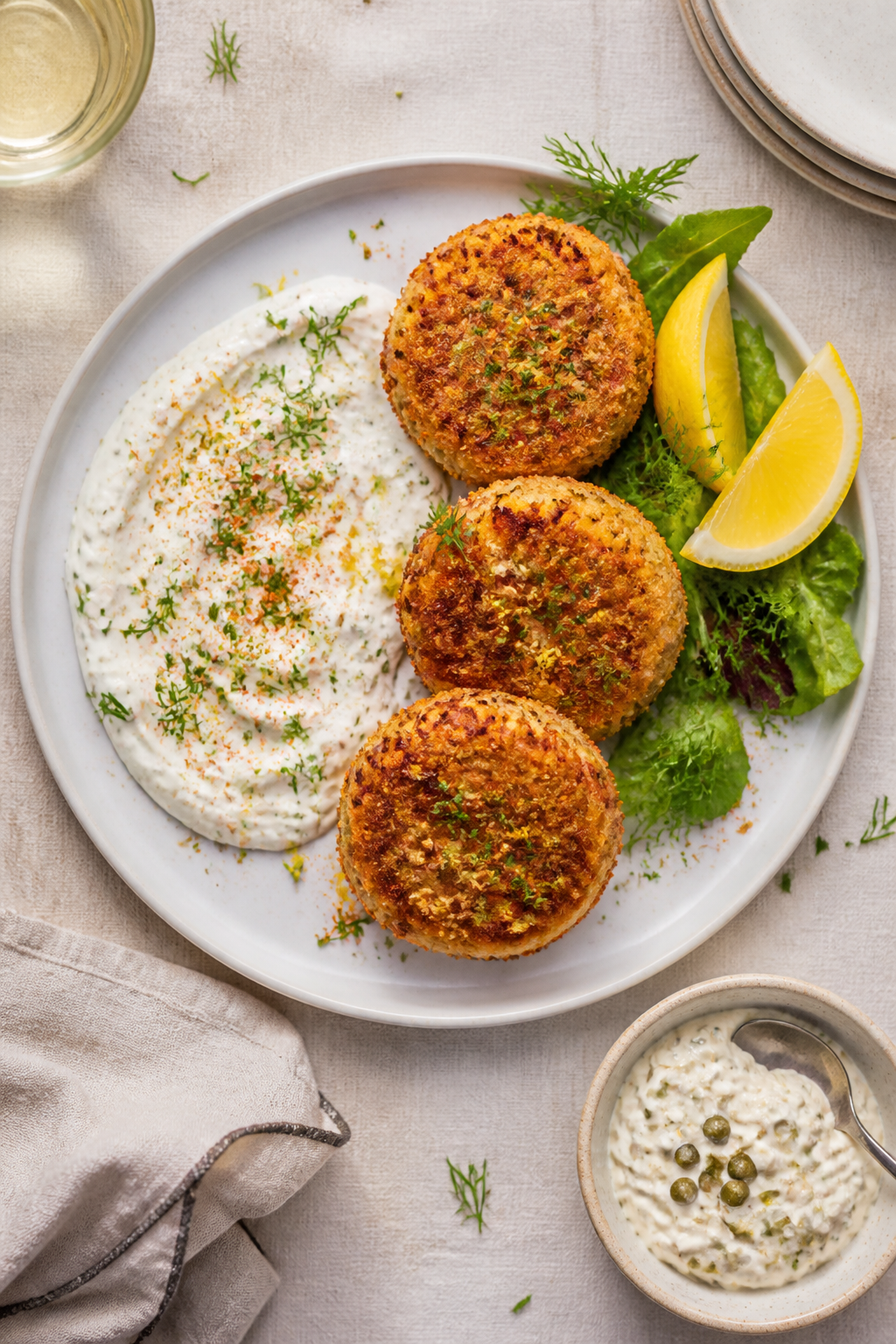 Overhead final presentation of three oven-baked fish cakes on a matte white plate with a generous do