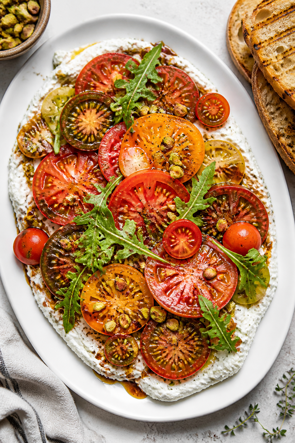 Overhead final presentation of Tomato Salad with Herbed Ricotta: a wide white platter swiped with a 