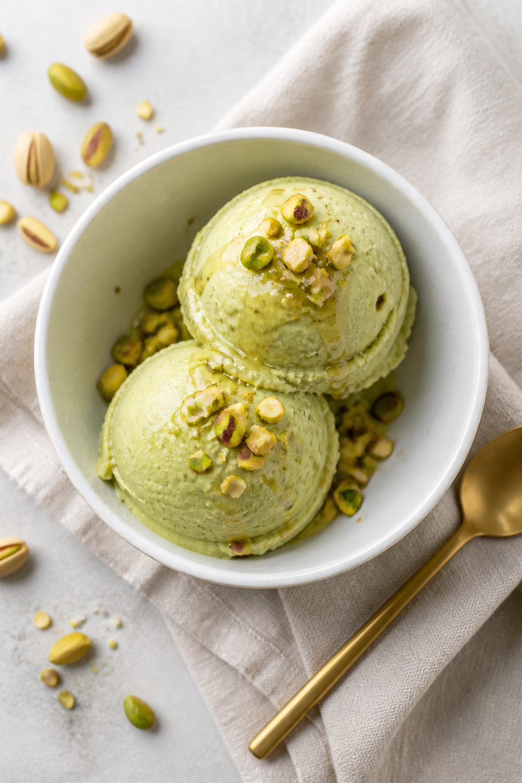Overhead final presentation of two generous scoops of homemade pistachio ice cream in a chilled whit