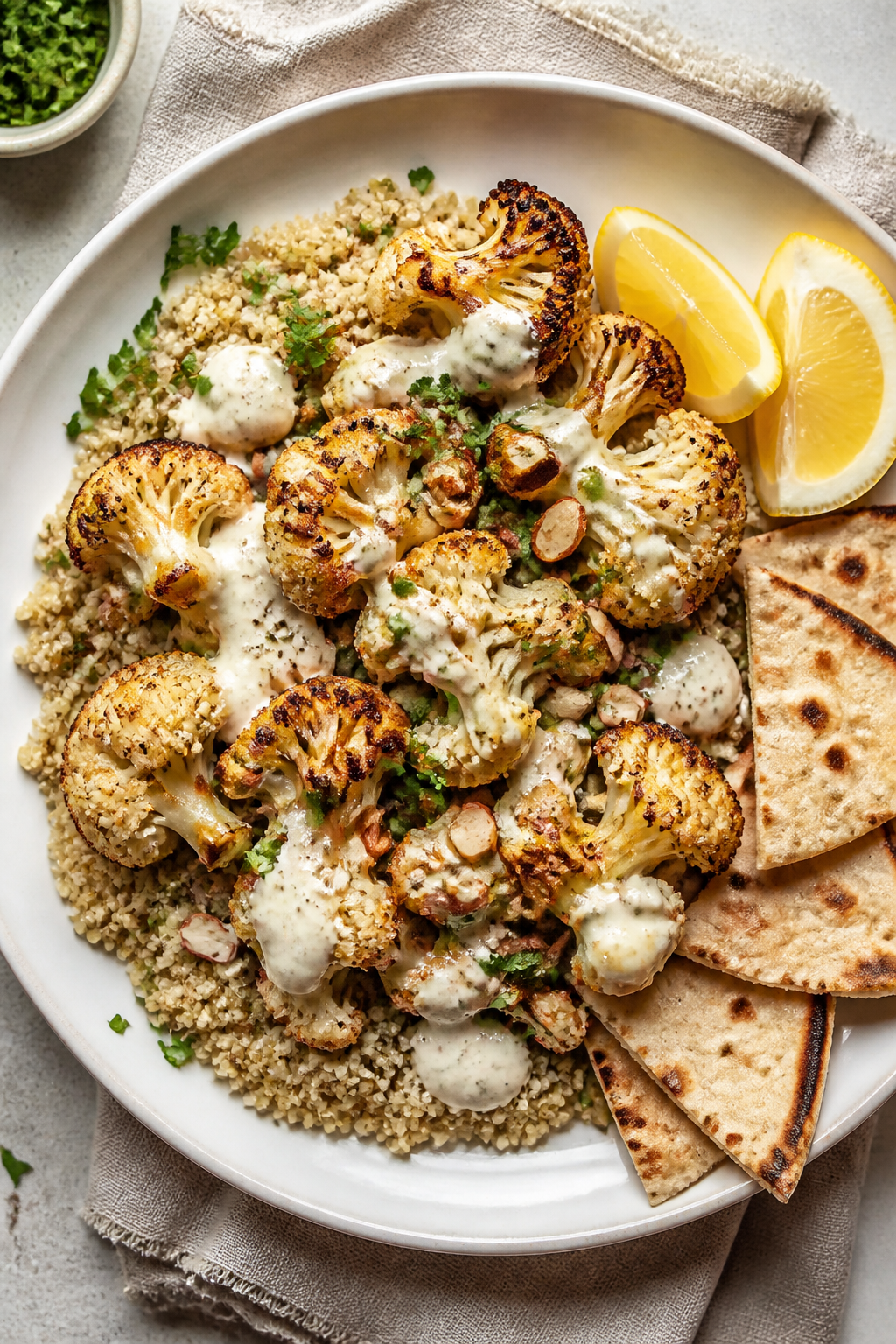 Overhead final presentation: roasted cauliflower piled over fluffy quinoa with a generous drizzle of