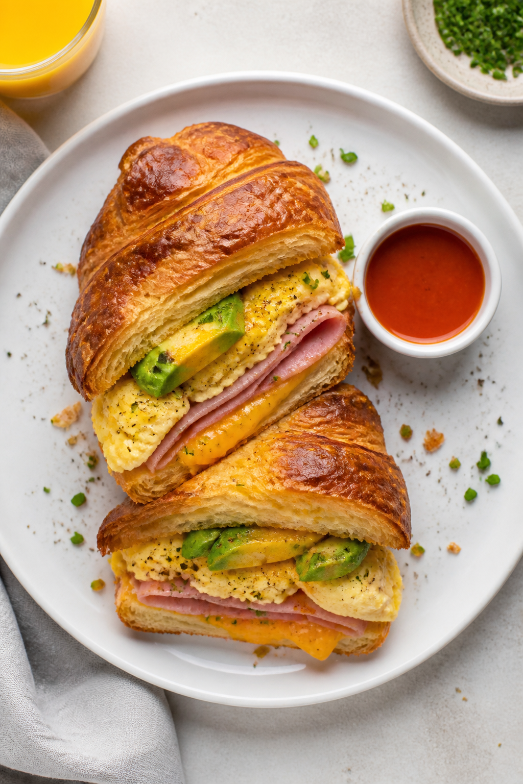 Overhead final presentation shot: Breakfast croissant sandwich sliced in half and slightly offset to