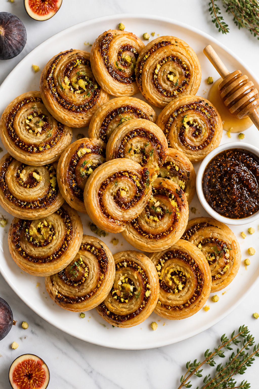 Overhead final presentation shot of fig jam goat cheese pinwheels arranged in a neat spiral on a mat