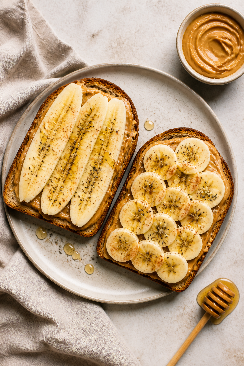Overhead final presentation: two slices of peanut butter banana toast on a matte ceramic plate, one