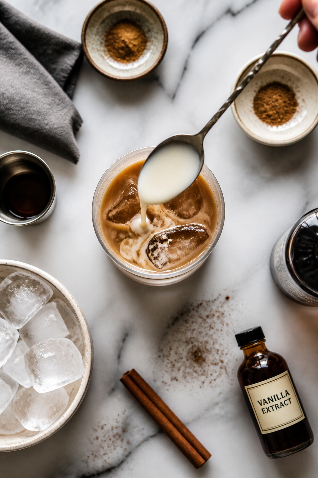 Overhead process shot: of the cocktail being built in a frozen rocks glass—vodka and coffee liqueu