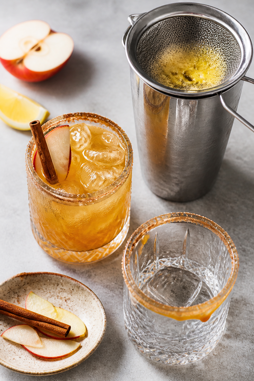 Overhead process-to-serve scene: two rocks glasses on a cool stone surface—one already filled “o